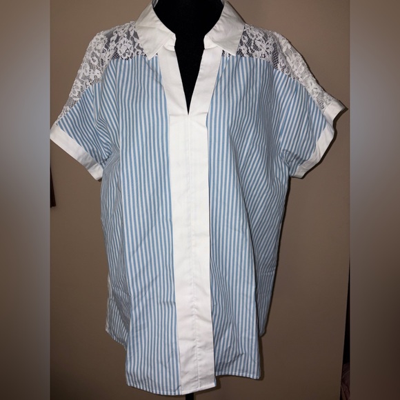 Karl Lagerfeld Tops - Karl Lagerfeld NWT Blue and White Striped Shirt with Lace Detail at Collar